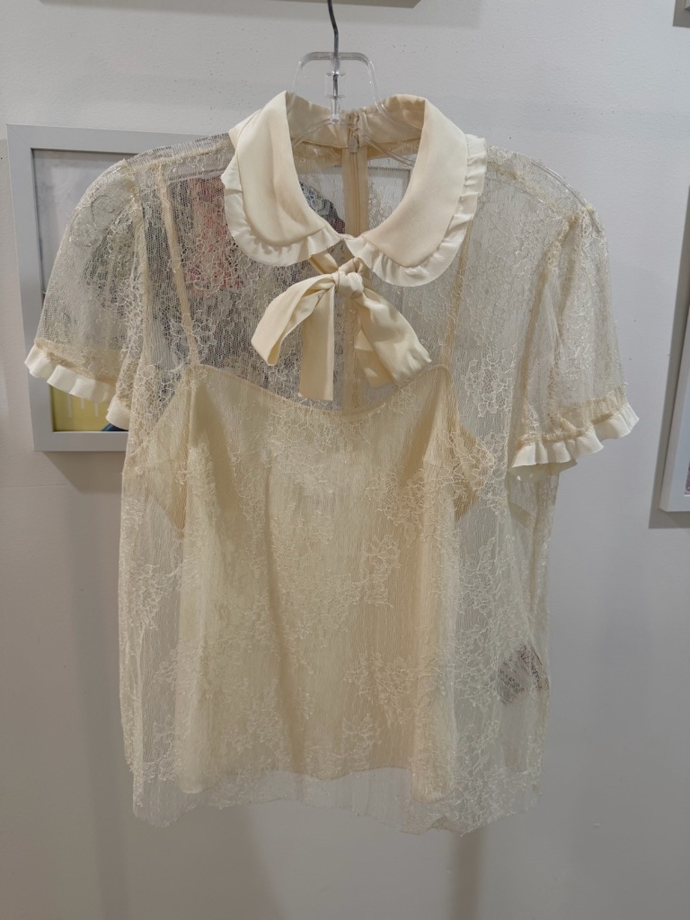 RED Valentino Cream Sheer Lace Tie-Neck Blouse